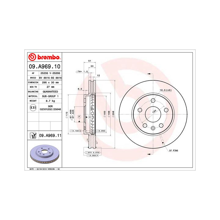 Tarcza hamulcowa BREMBO 09.A969.11