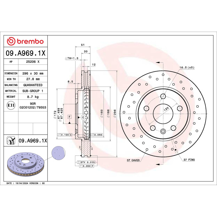 Tarcza hamulcowa BREMBO 09.A969.1X
