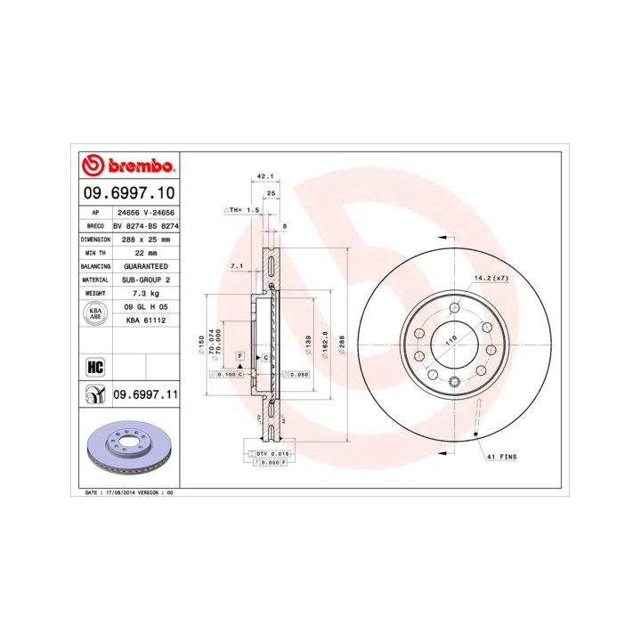 Tarcza hamulcowa BREMBO 09.6997.11