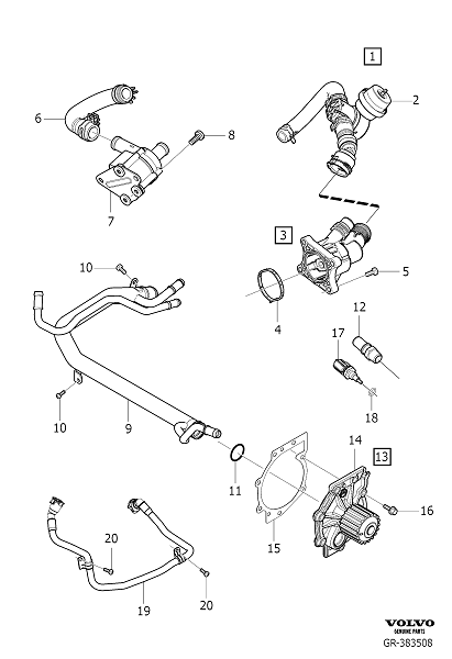 coolant pump, thermostat and cable